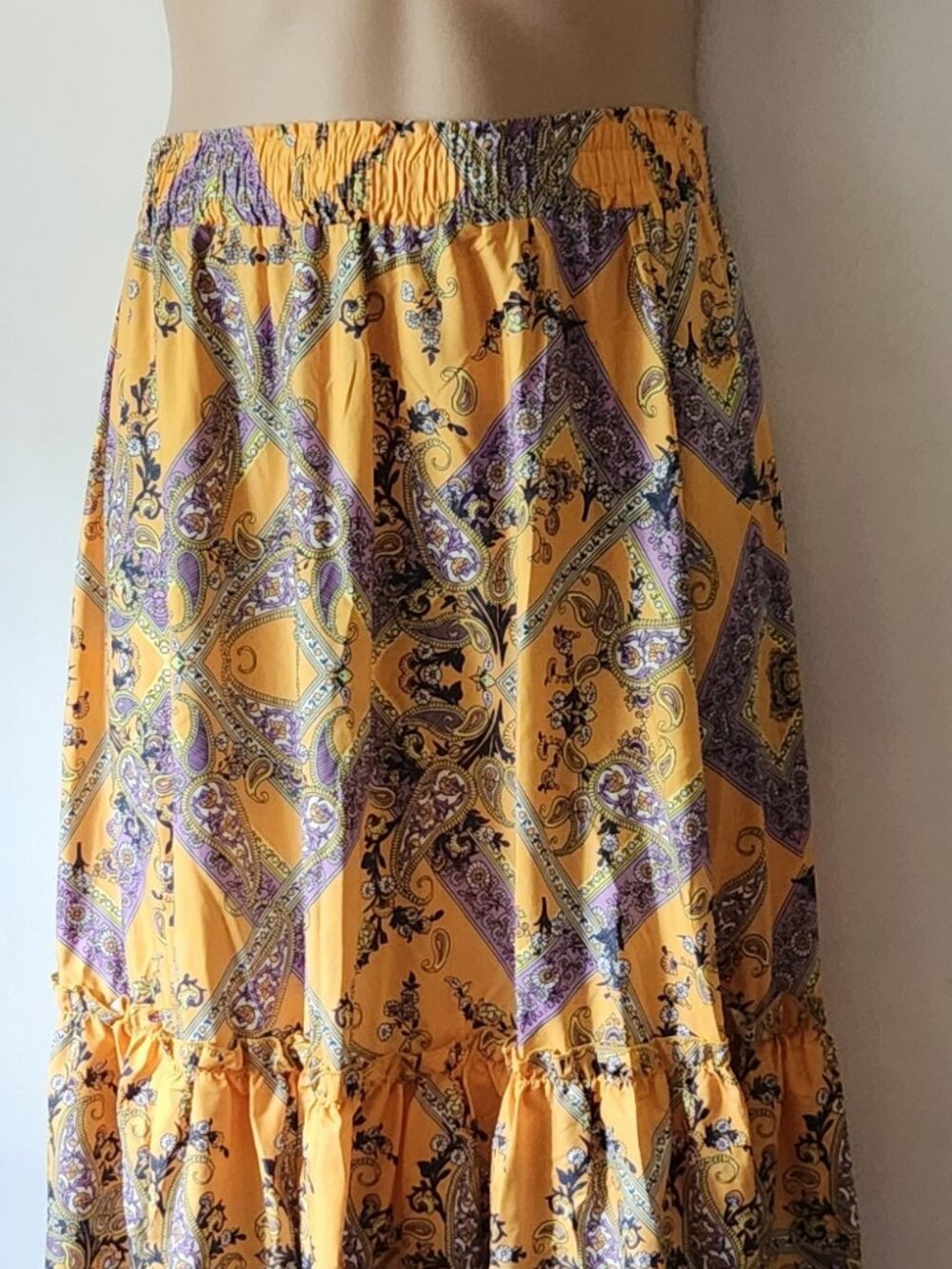 Boho paisley skirt sz XXL longer length yellow purple VGUC
